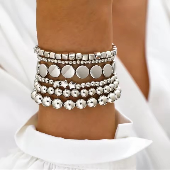 Anthropologie Jewelry - Anthropologie Silver Beaded lucite Stack Bracelet Set
